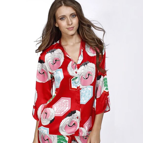 JOSIE NATORI FOR TARGET CRANE PRINT SATIN MANDARIN PAJAMA TOP + MATCHING MASK - Picture 1 of 3
